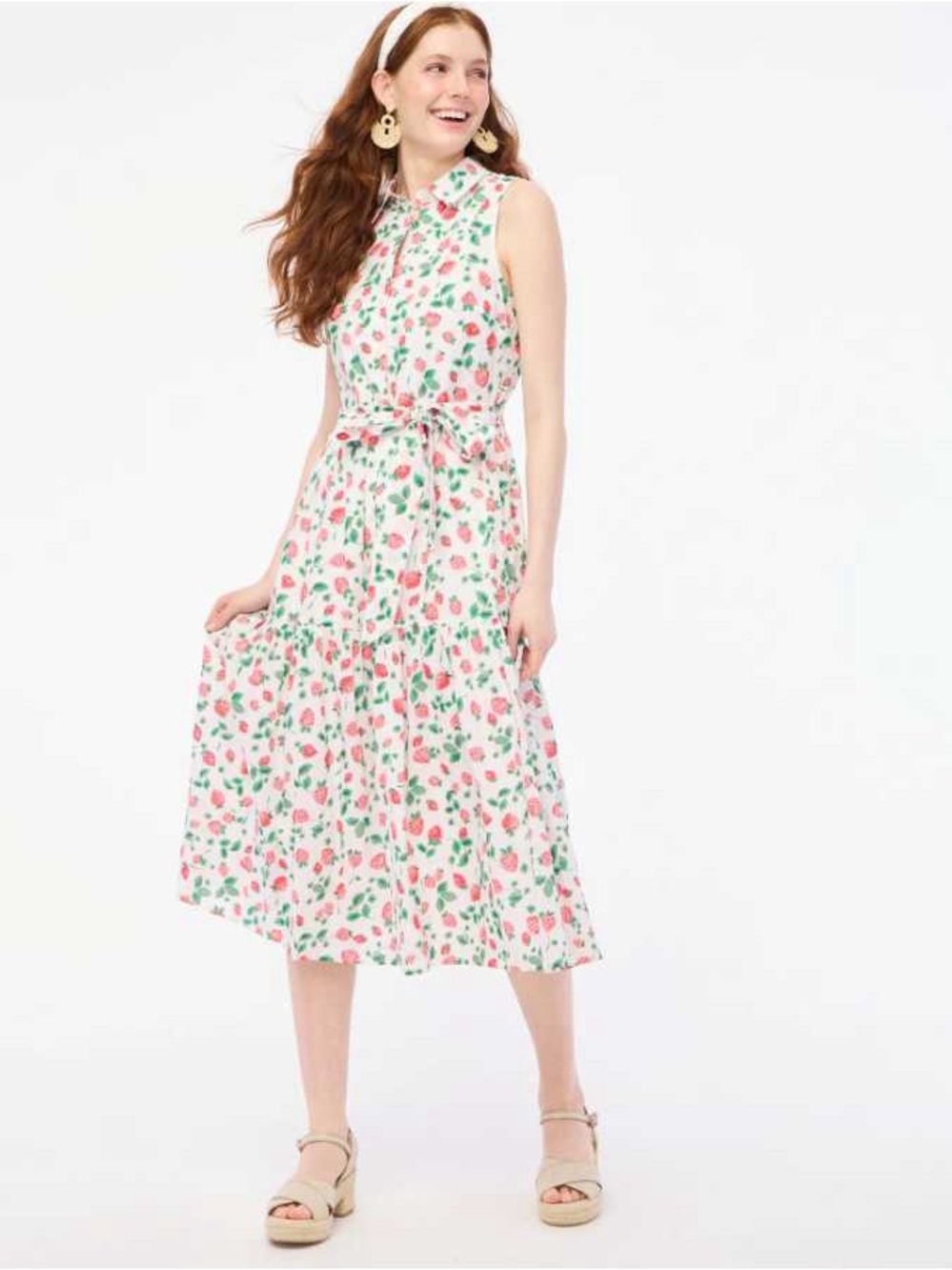J. Crew Strawberry Print Sleeveless Floral Tie-Waist Midi Dress size00